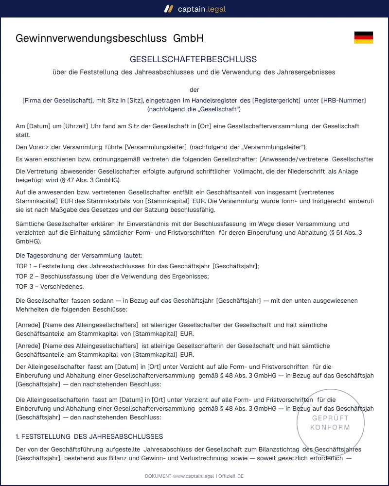 Gewinnverwendungsbeschluss GmbH nach § 29, § 46 GmbHG