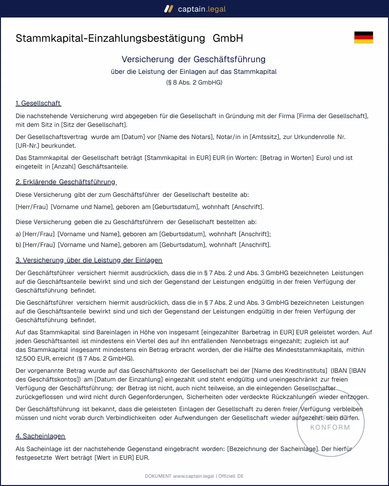 Einzahlungsbestätigung Stammkapital § 8 GmbHG