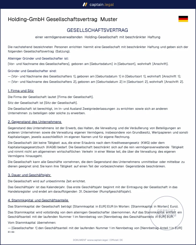 Holding-GmbH Satzung nach § 8b KStG & § 2 GmbHG