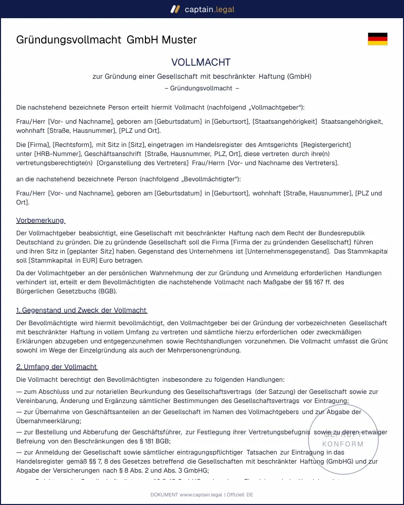 Gründungsvollmacht GmbH nach § 2 Abs. 2 GmbHG | Muster