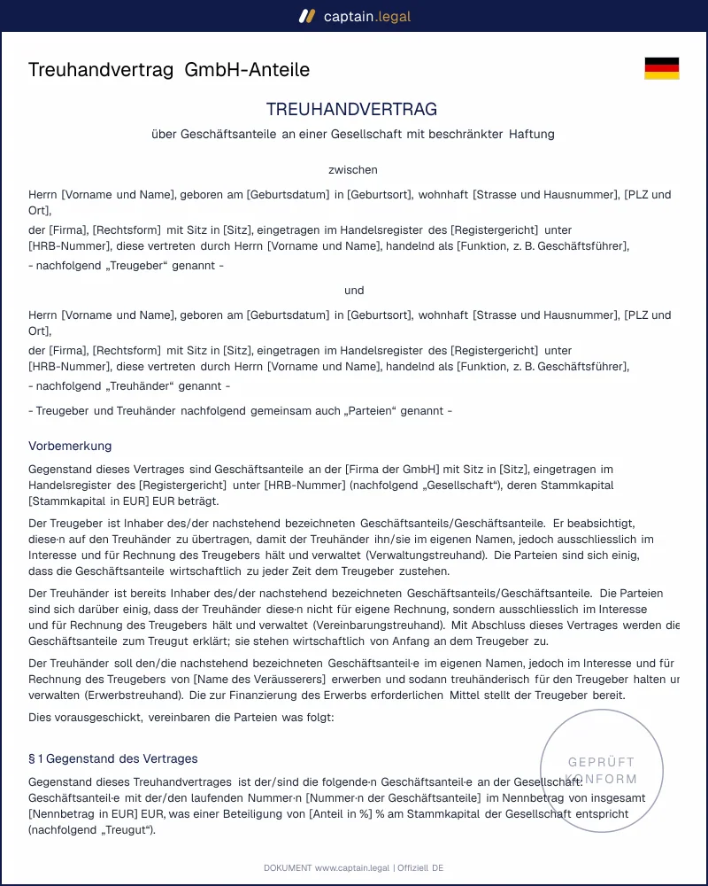 Treuhandvertrag GmbH-Anteile: § 15 GmbHG & § 667 BGB