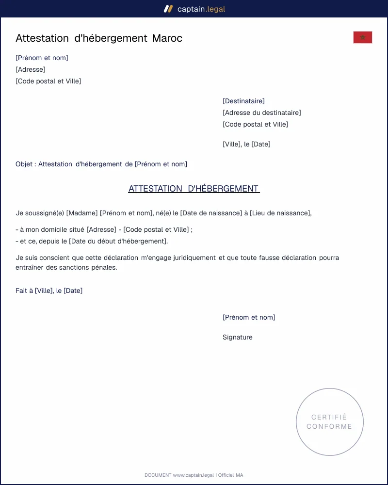 Modèle d'attestation d'hébergement - Maroc