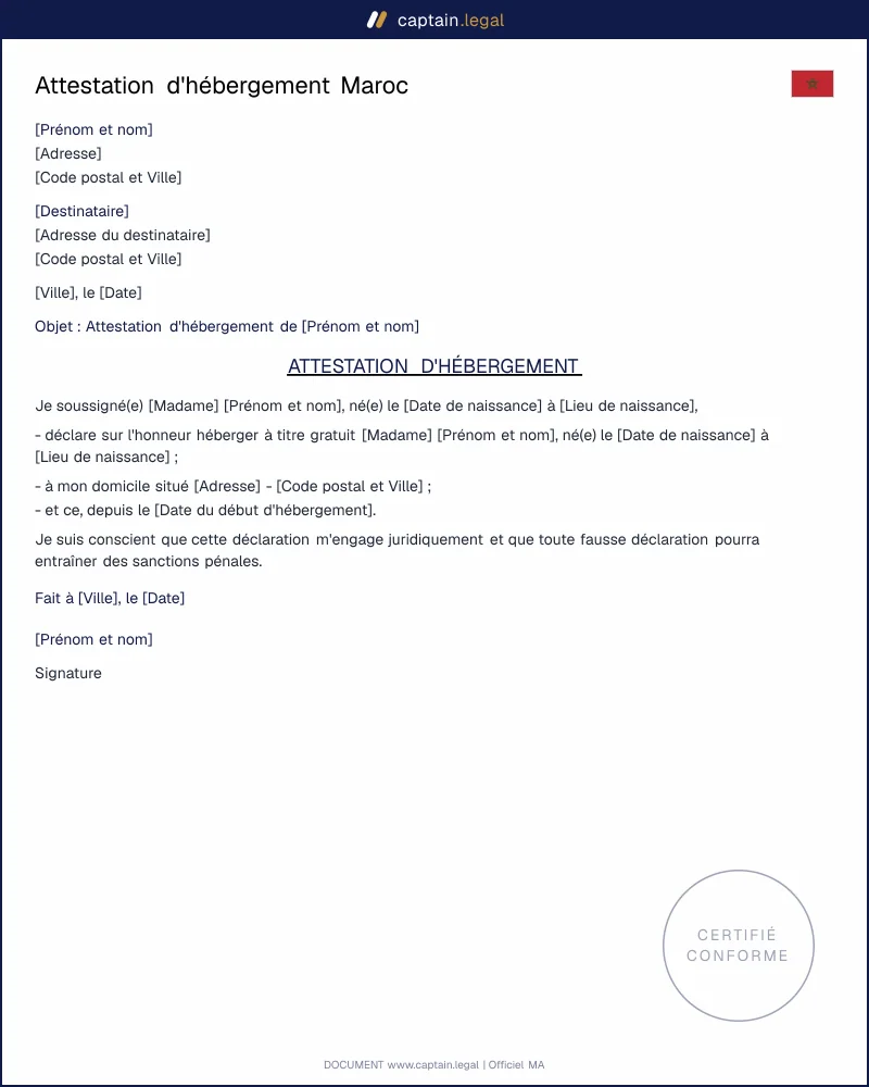 Modèle d'attestation d'hébergement - Maroc