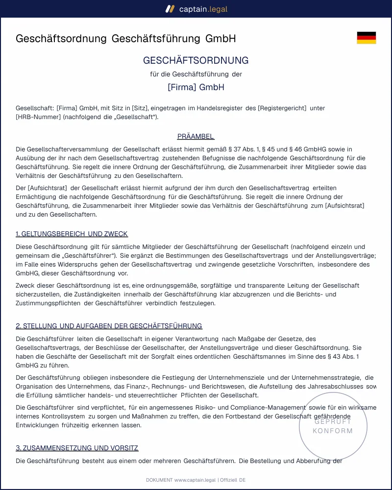 Geschäftsordnung Geschäftsführung GmbH § 37 GmbHG