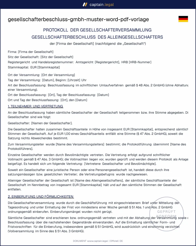Gesellschafterbeschluss GmbH: Muster nach § 48 GmbHG