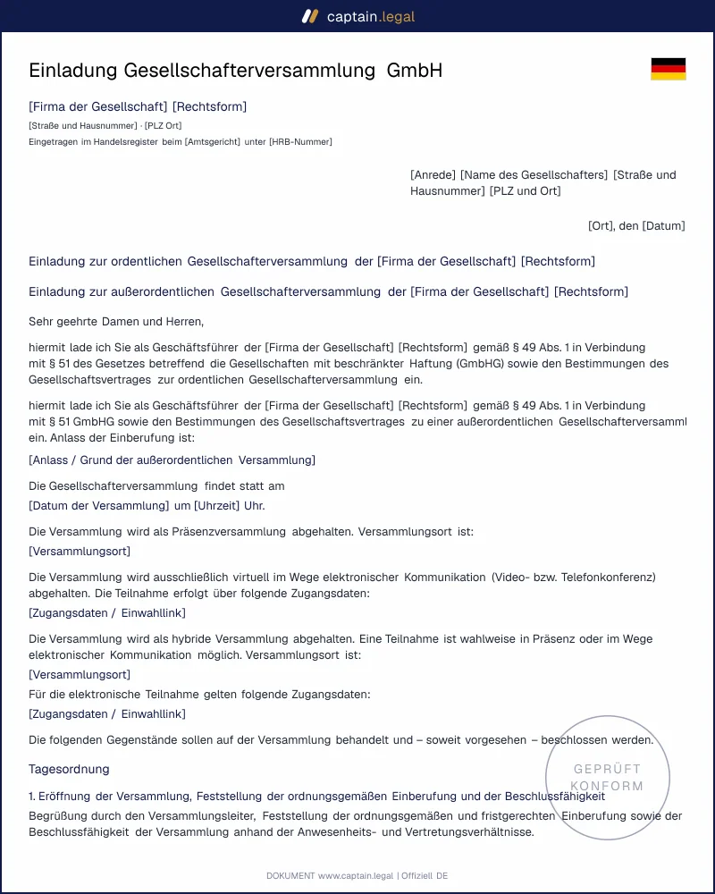 Einladung Gesellschafterversammlung GmbH § 51 GmbHG | Muster