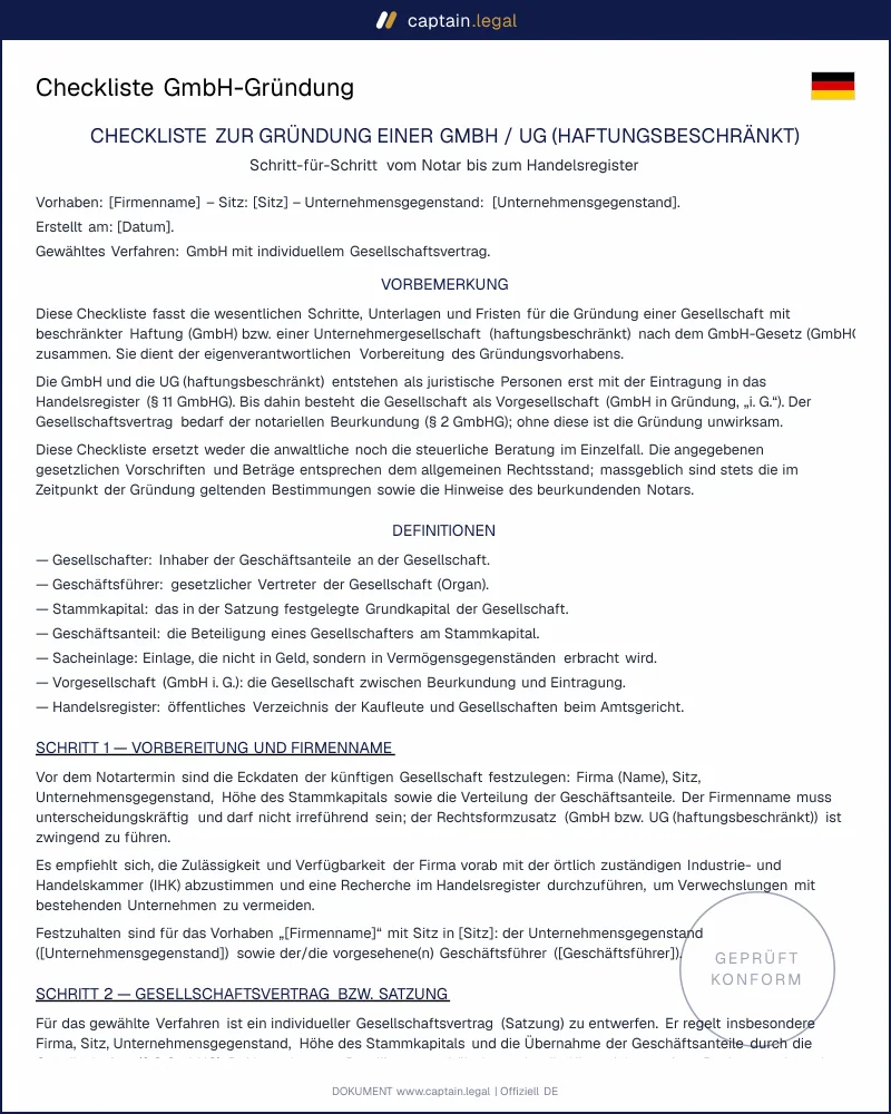 GmbH-Gründung Checkliste nach GmbHG | Word & PDF