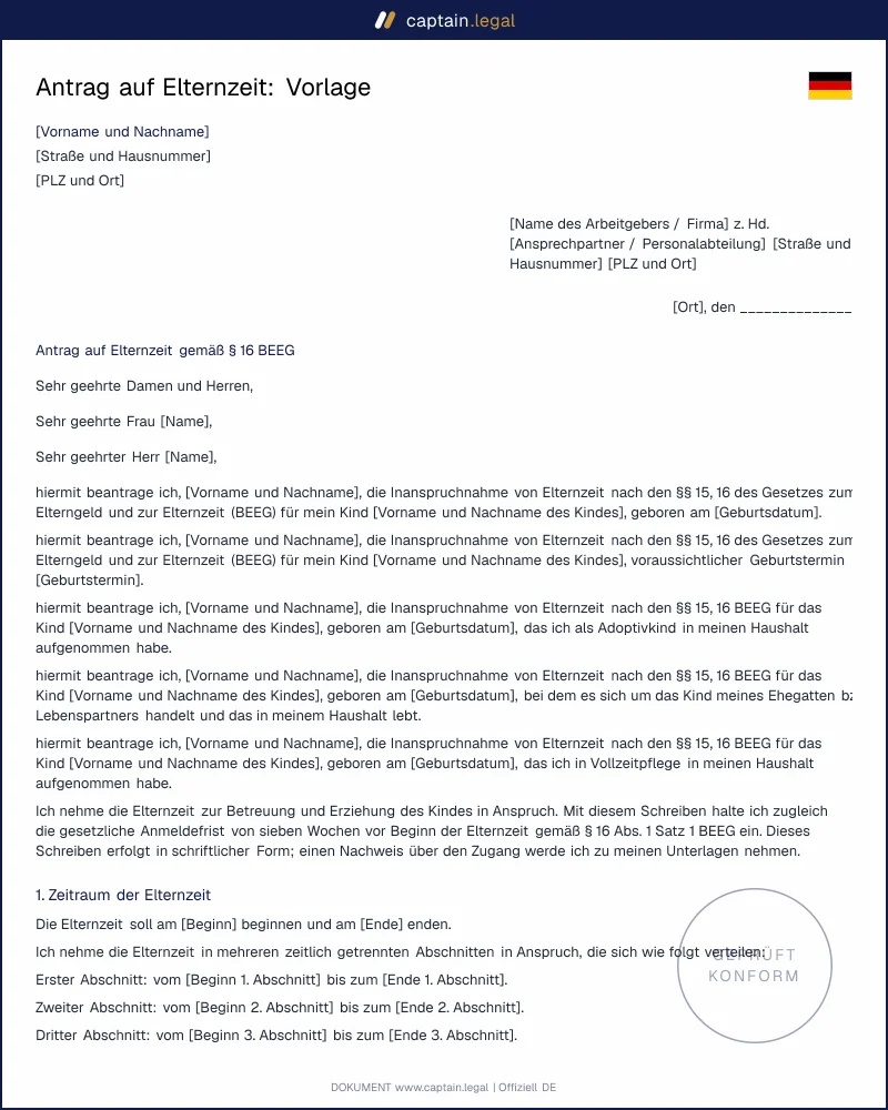 Elternzeit-Antrag nach § 16 BEEG: geprüfte Vorlage