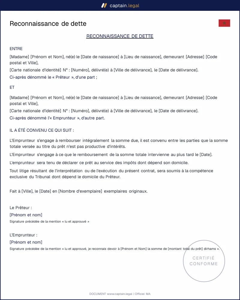 Modèle de reconnaissance de dette au Maroc