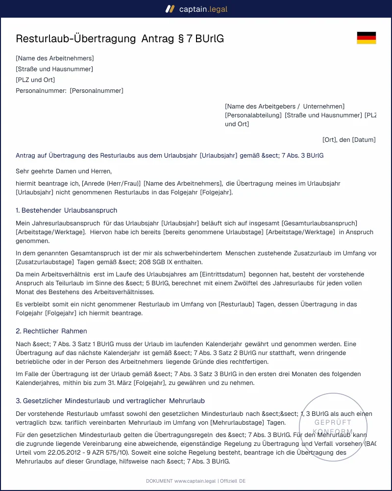 Antrag Resturlaub-Übertragung nach aktueller BAG-Rspr.