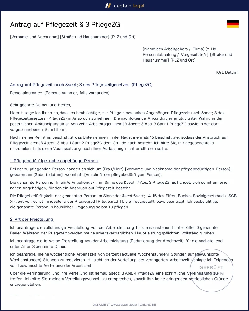 Pflegezeit-Antrag § 3 PflegeZG | juristisch geprüft