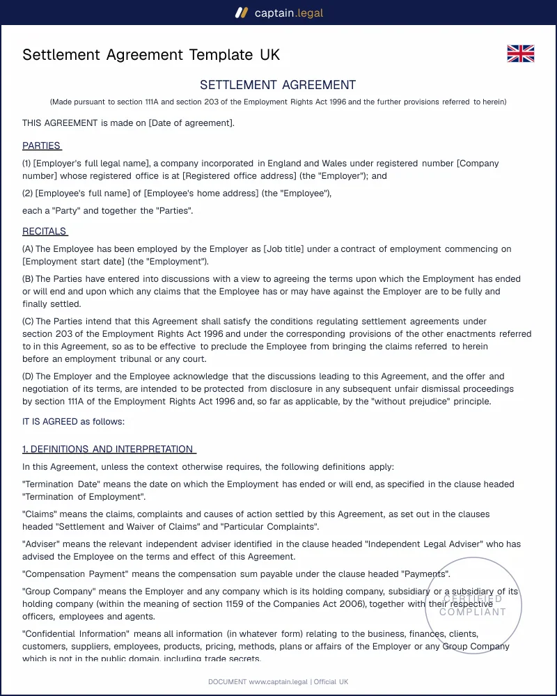 Settlement Agreement Template UK | s.203 ERA 1996