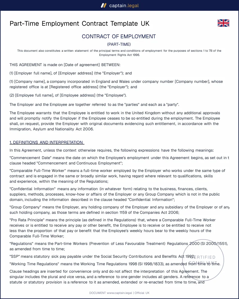 UK Part-Time Employment Contract | PTWR 2000 Compliant
