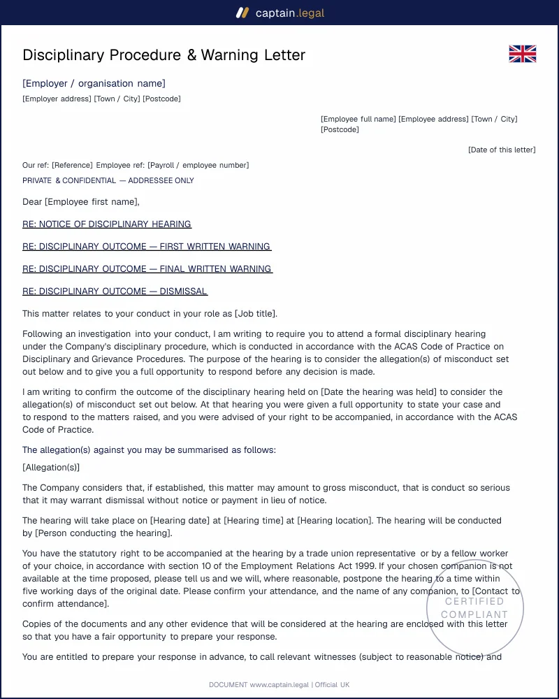 Disciplinary Pack UK | ACAS Code & s.98 ERA 1996