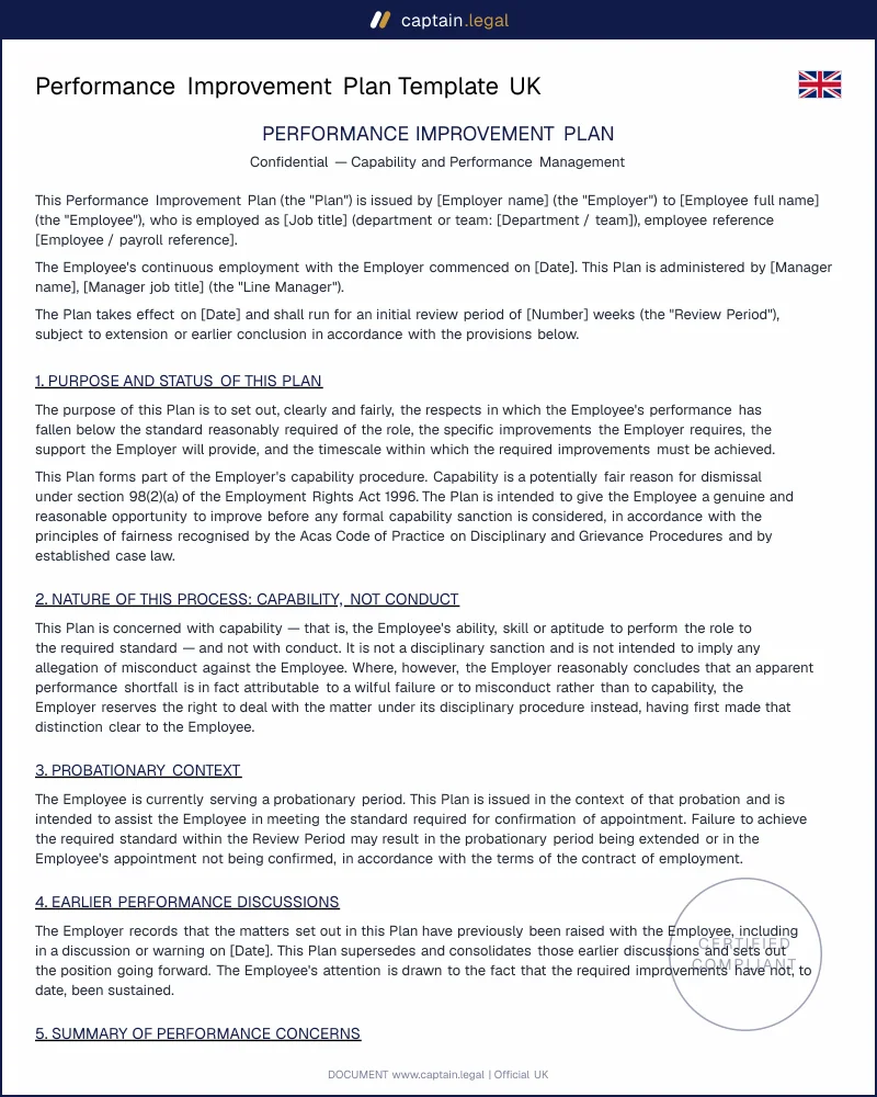 PIP Template UK | s.98 ERA 1996 Capability Process