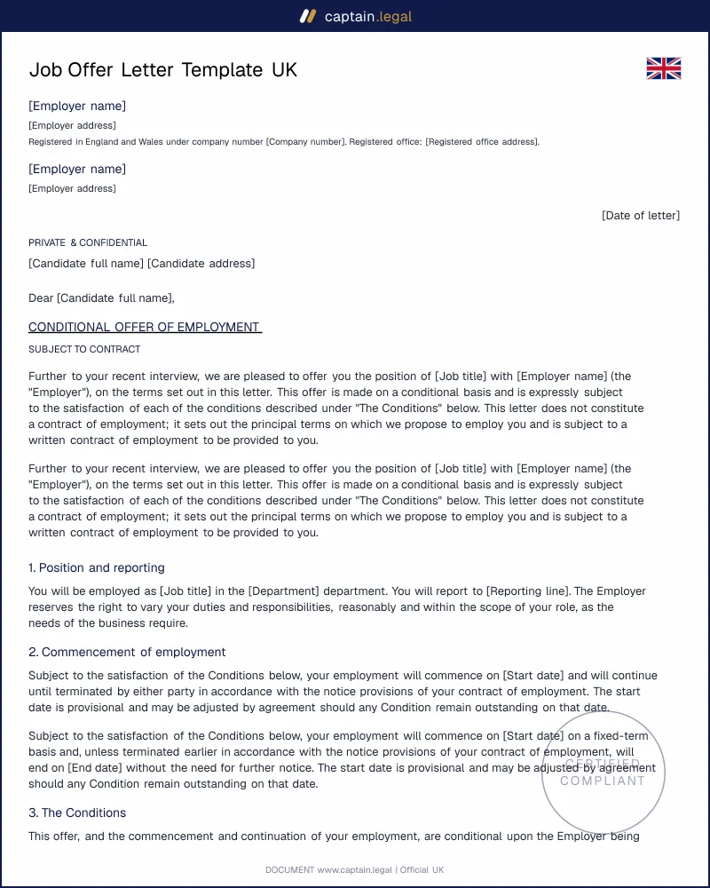 Conditional Job Offer Letter UK | ERA 1996 Ready
