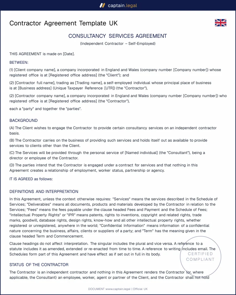 UK Contractor Agreement | Chapter 8 ITEPA 2003 Ready