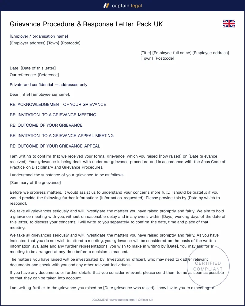 Grievance Response Pack UK | ACAS Code & ERA 1996