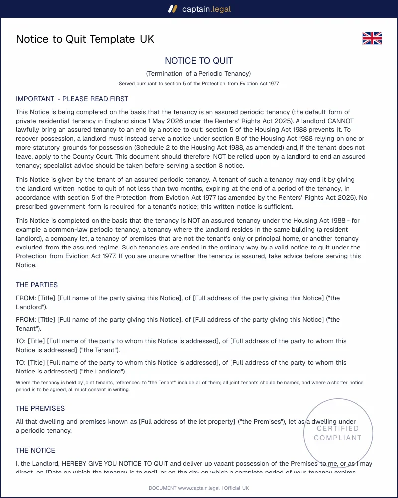 Notice to Quit Template | Protection from Eviction Act 1977