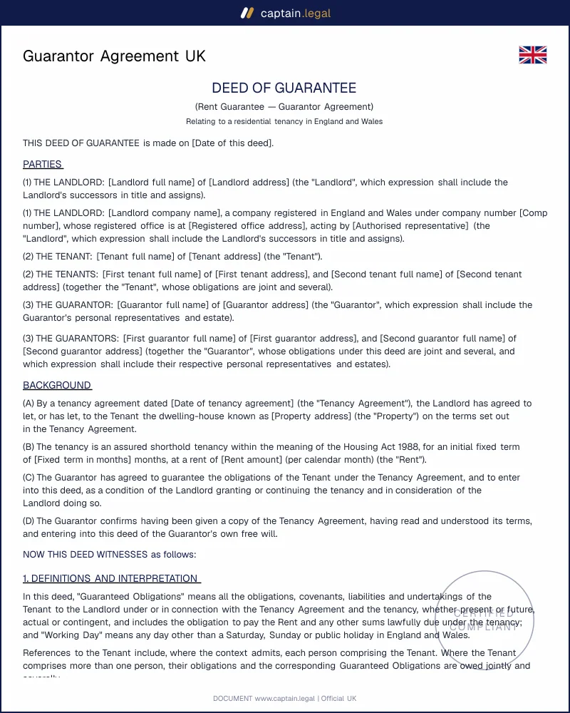 Guarantor Deed UK | Renters' Rights Act 2025 Ready