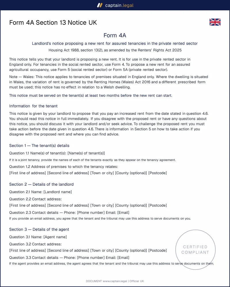 Form 4A Rent Increase Notice | s.13 Housing Act 1988