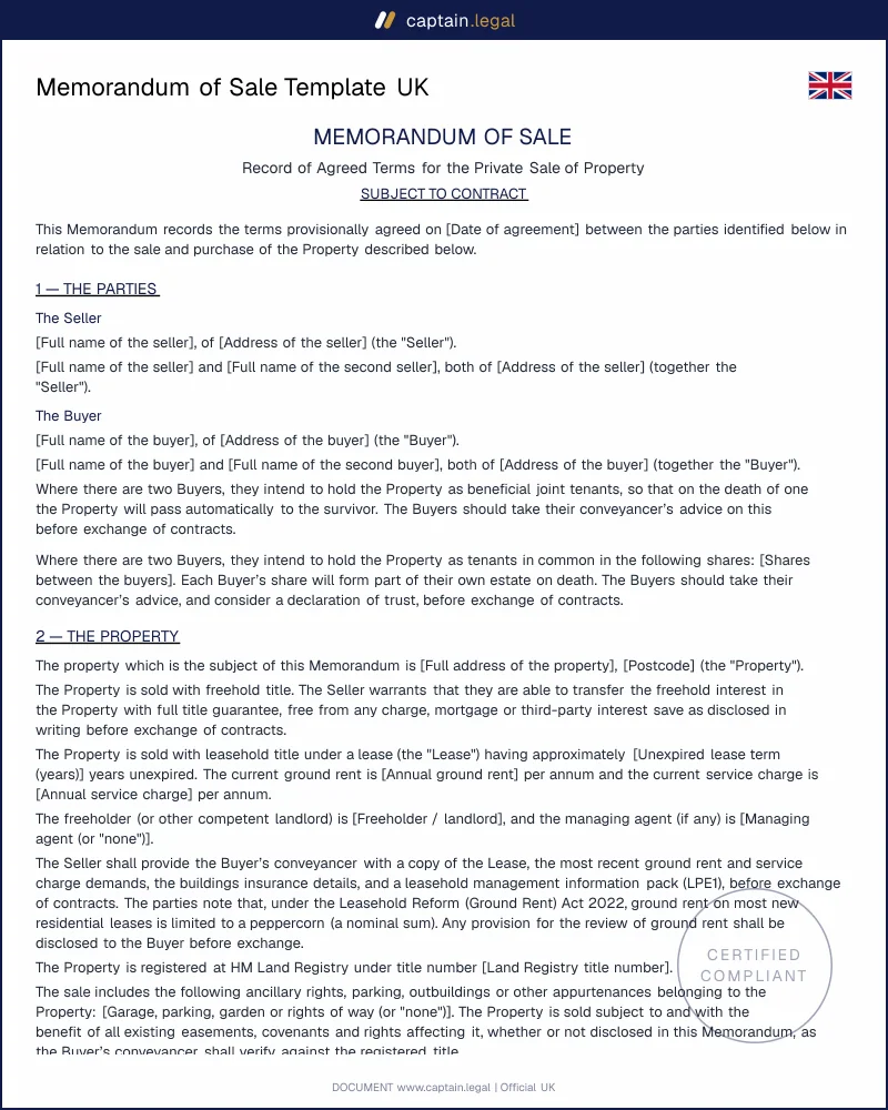 UK Memorandum of Sale | Subject to Contract Template