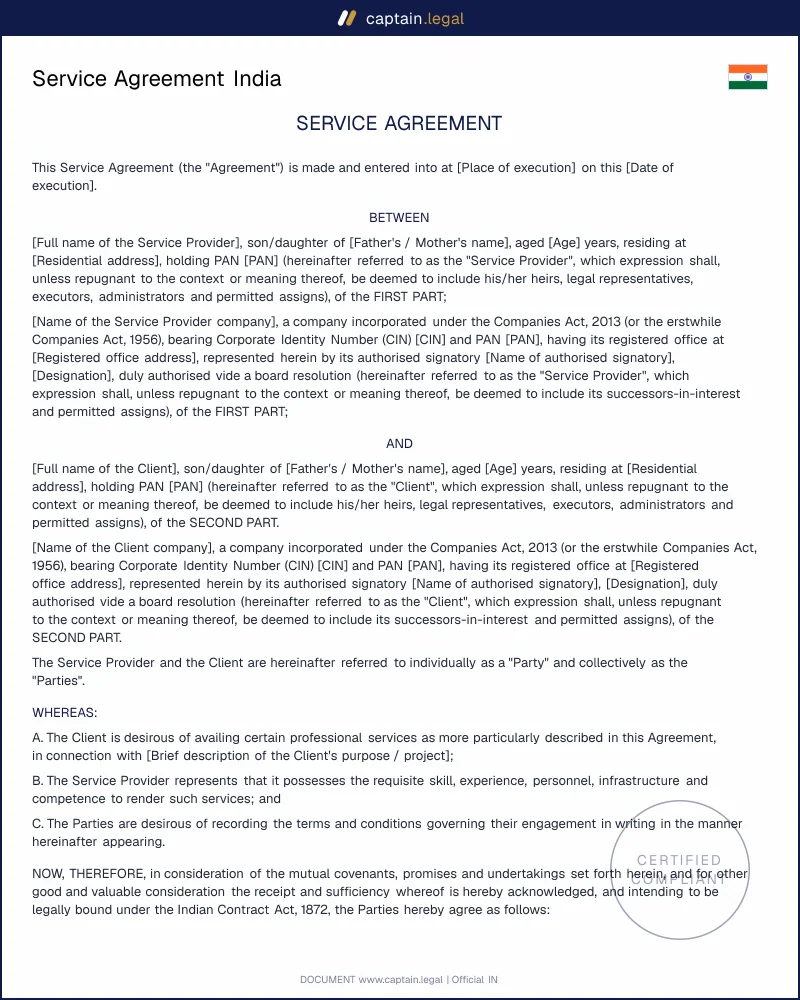Service Agreement: Indian Contract Act 1872 Guide