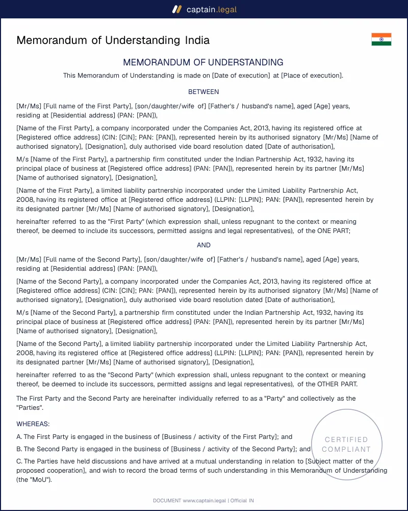 Memorandum of Understanding (MoU) Under Indian Law