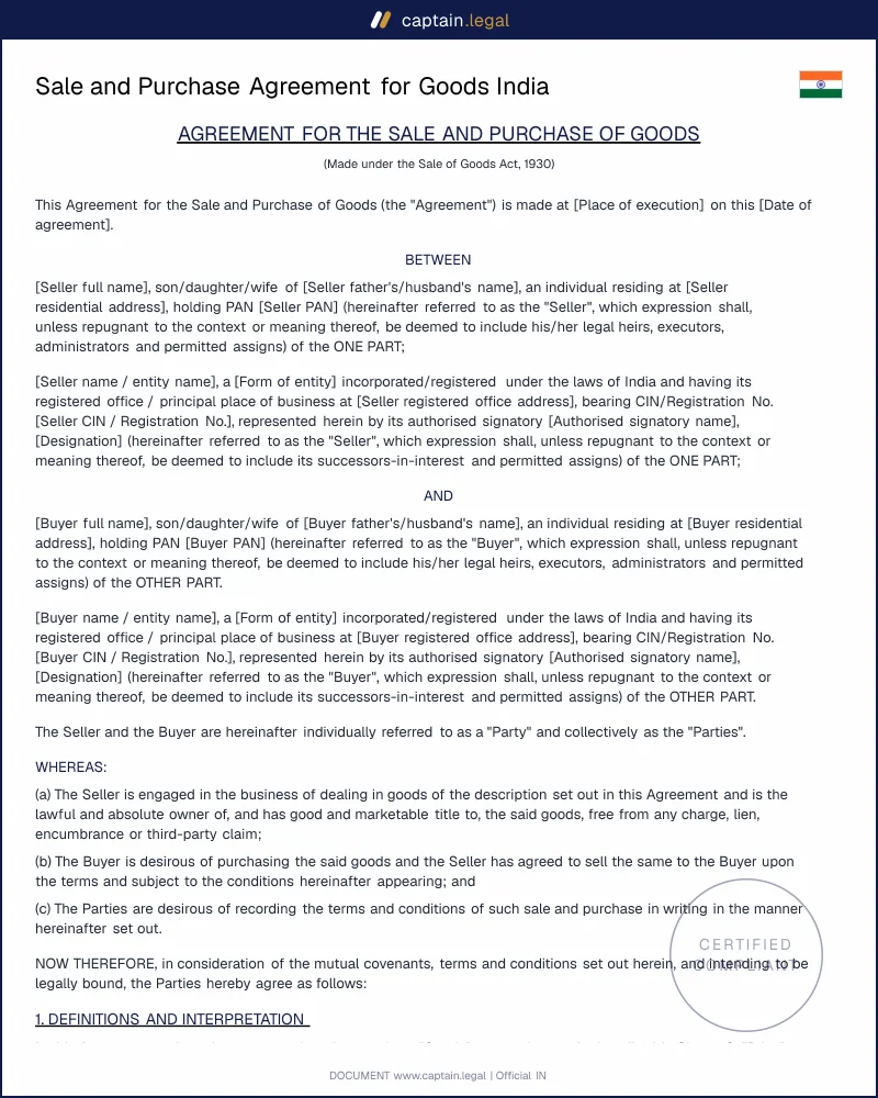 Sale & Purchase of Goods Agreement (Act 1930) India