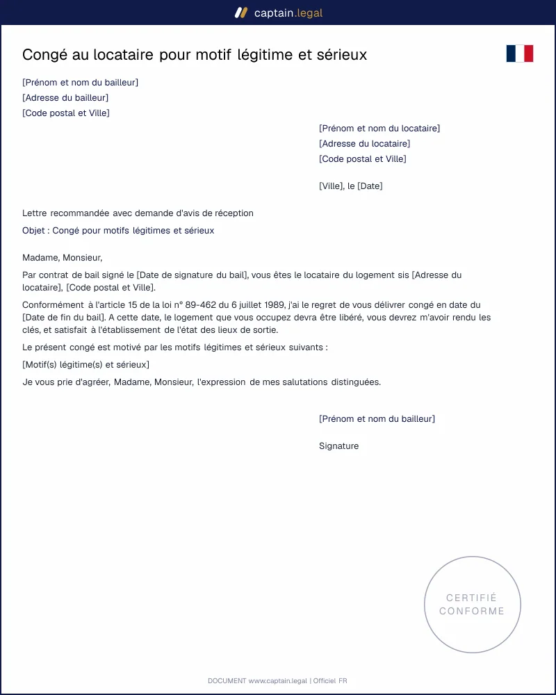 Congé au locataire pour motif légitime et sérieux