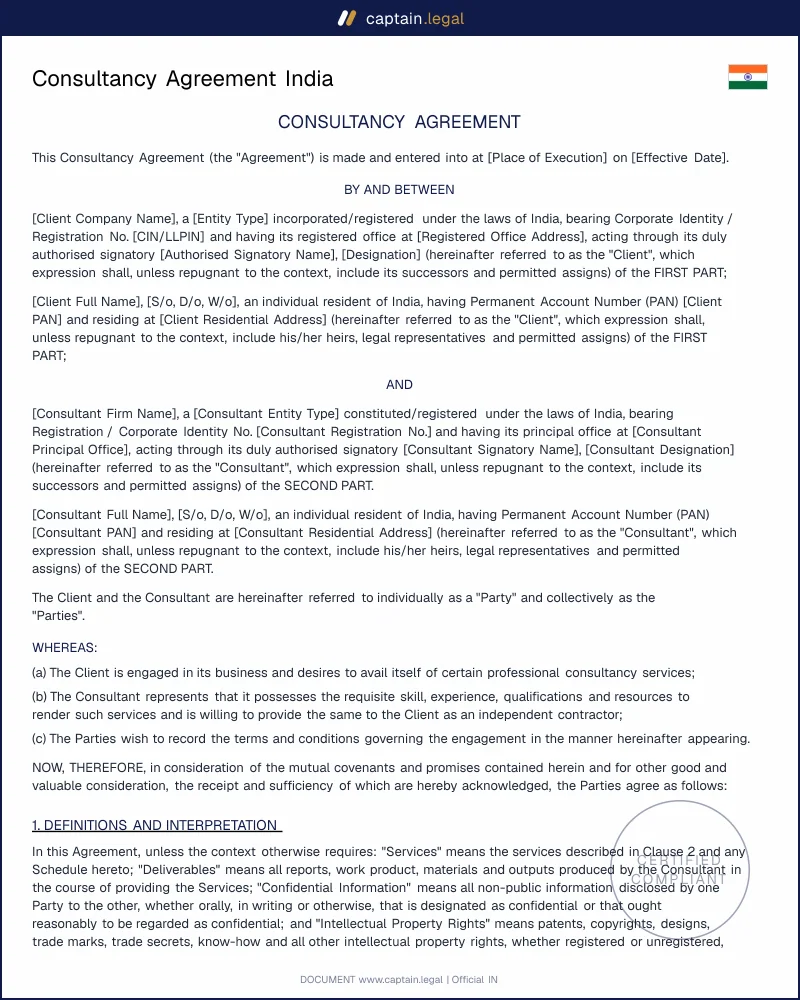 Consultancy Agreement India: Contract Act 1872 Compliant