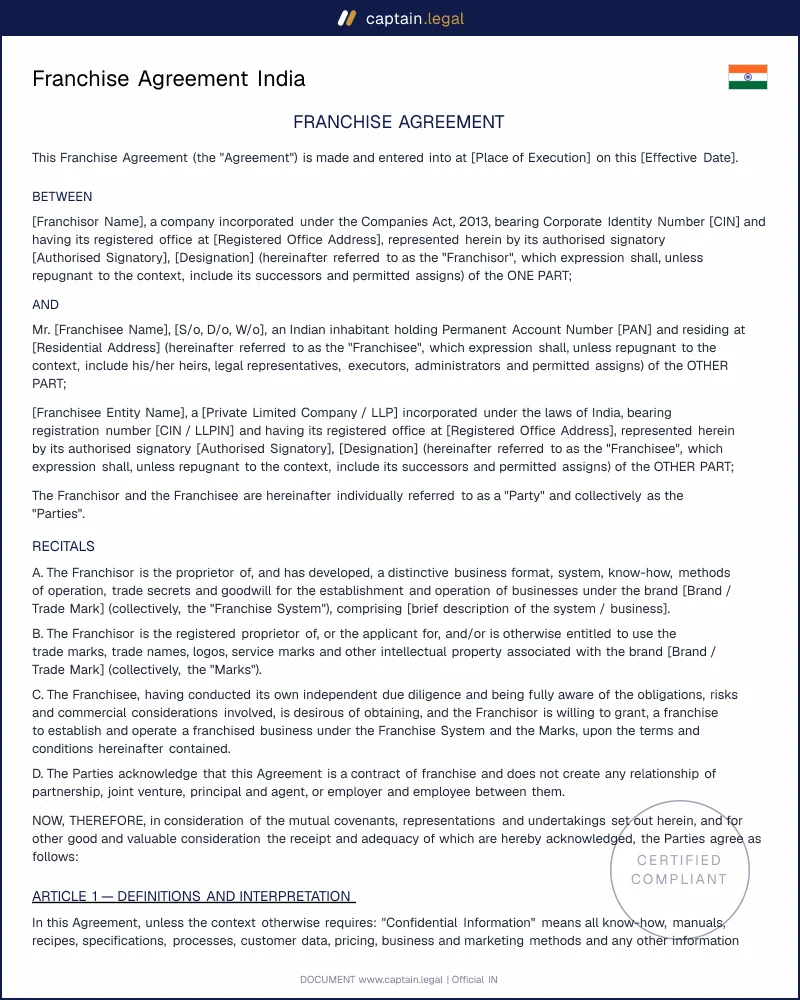 Franchise Agreement India: Law, Clauses & FEMA