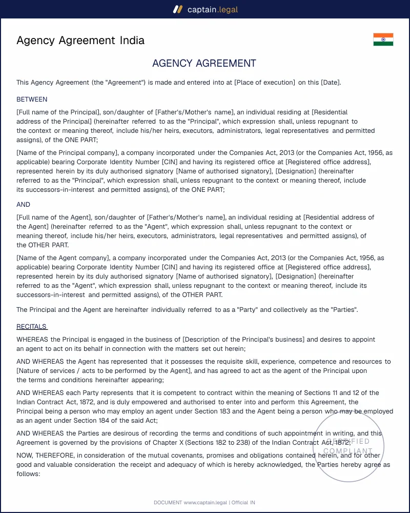 Agency Agreement under Indian Contract Act 1872