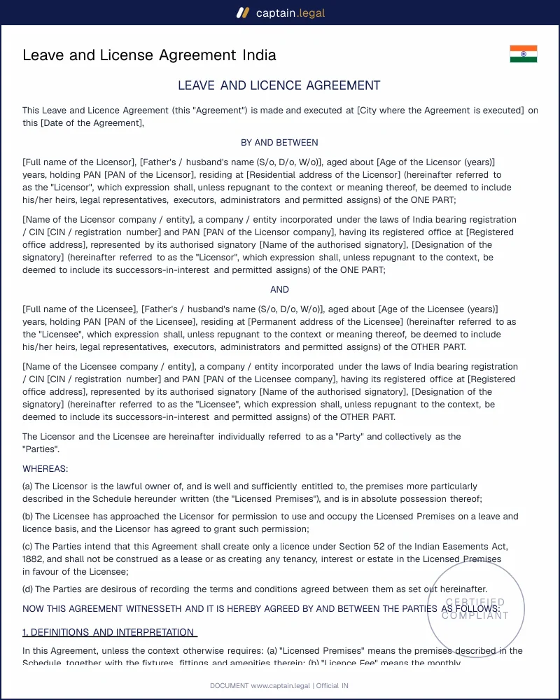 Leave and License Agreement: Easements Act 1882 Format