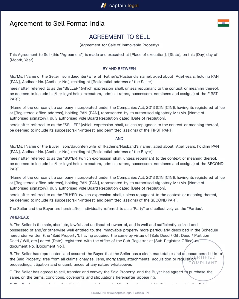 Agreement to Sell Format India | PDF & Word Template