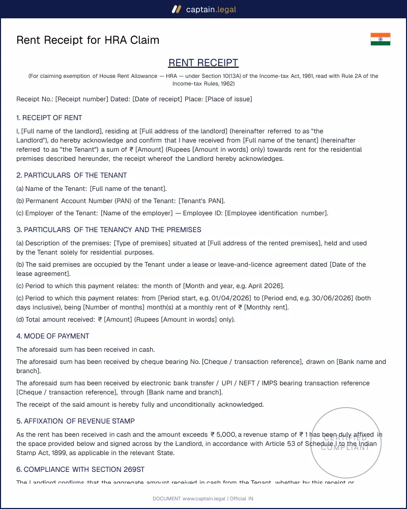 Rent Receipt HRA: Section 10(13A) & Rule 2A Format