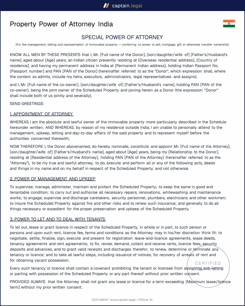Special Power of Attorney (Property), India: 1882 Act