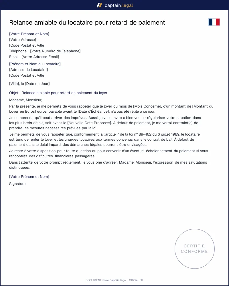 Relance amiable pour loyers impayés – Modèle PDF et Word