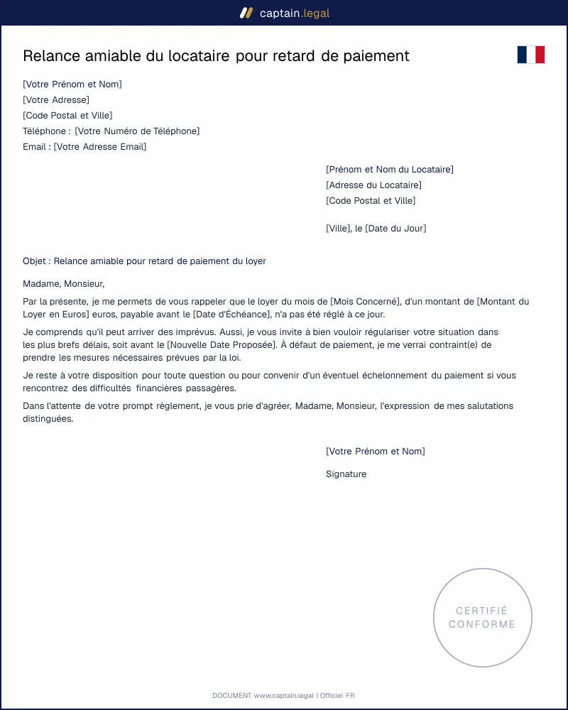 Relance amiable pour loyers impayés – Modèle PDF et Word