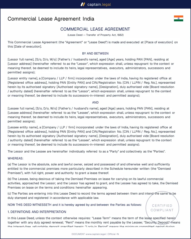 Commercial Lease Agreement India (TOPA 1882, MTA 2021)
