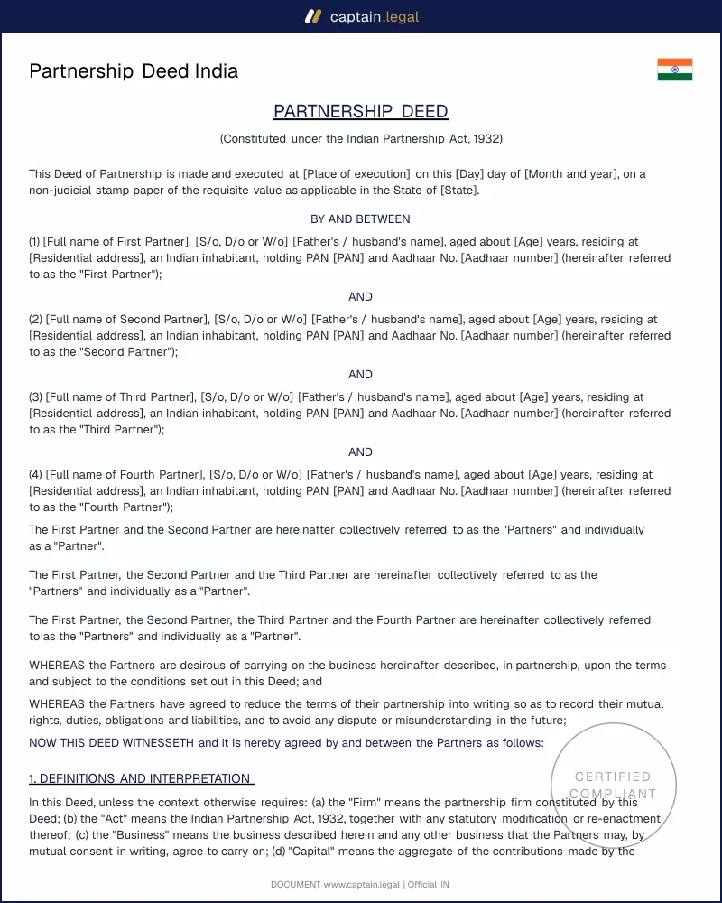 Partnership Deed Under Indian Partnership Act 1932