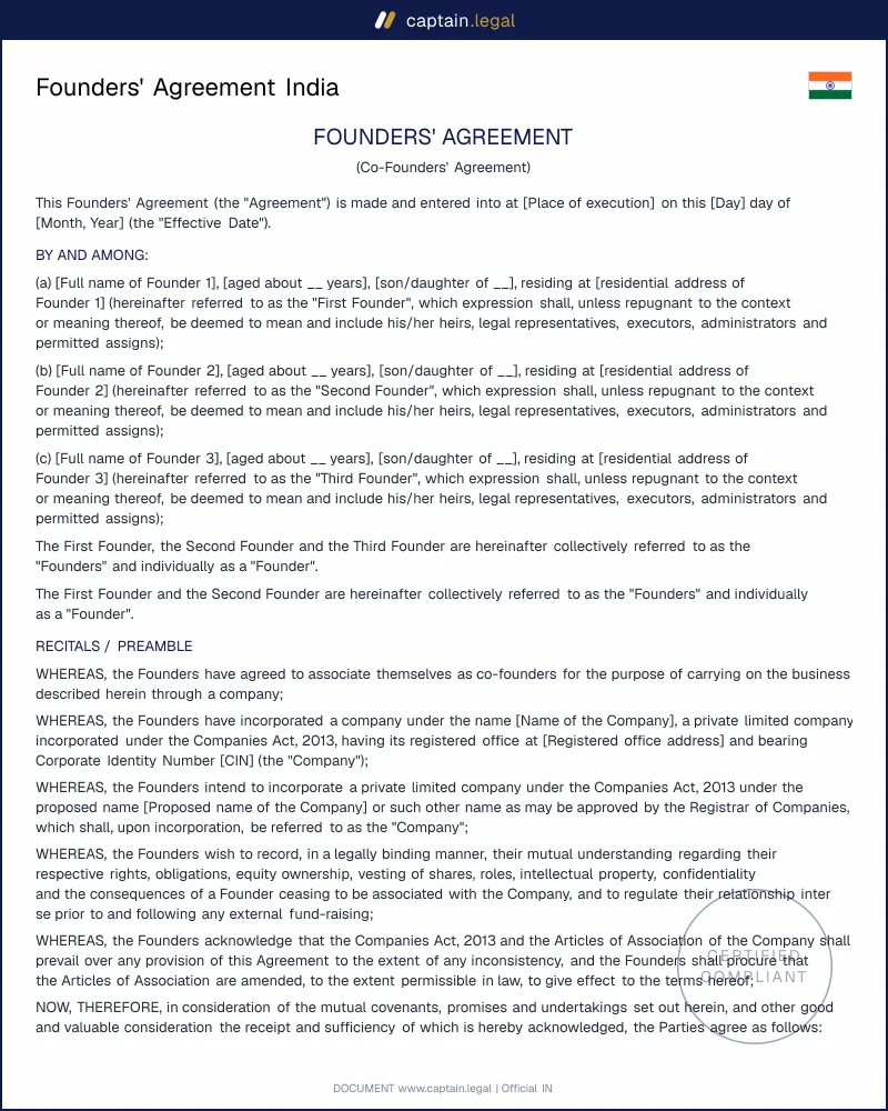 Founders' Agreement India | Contract Act 1872