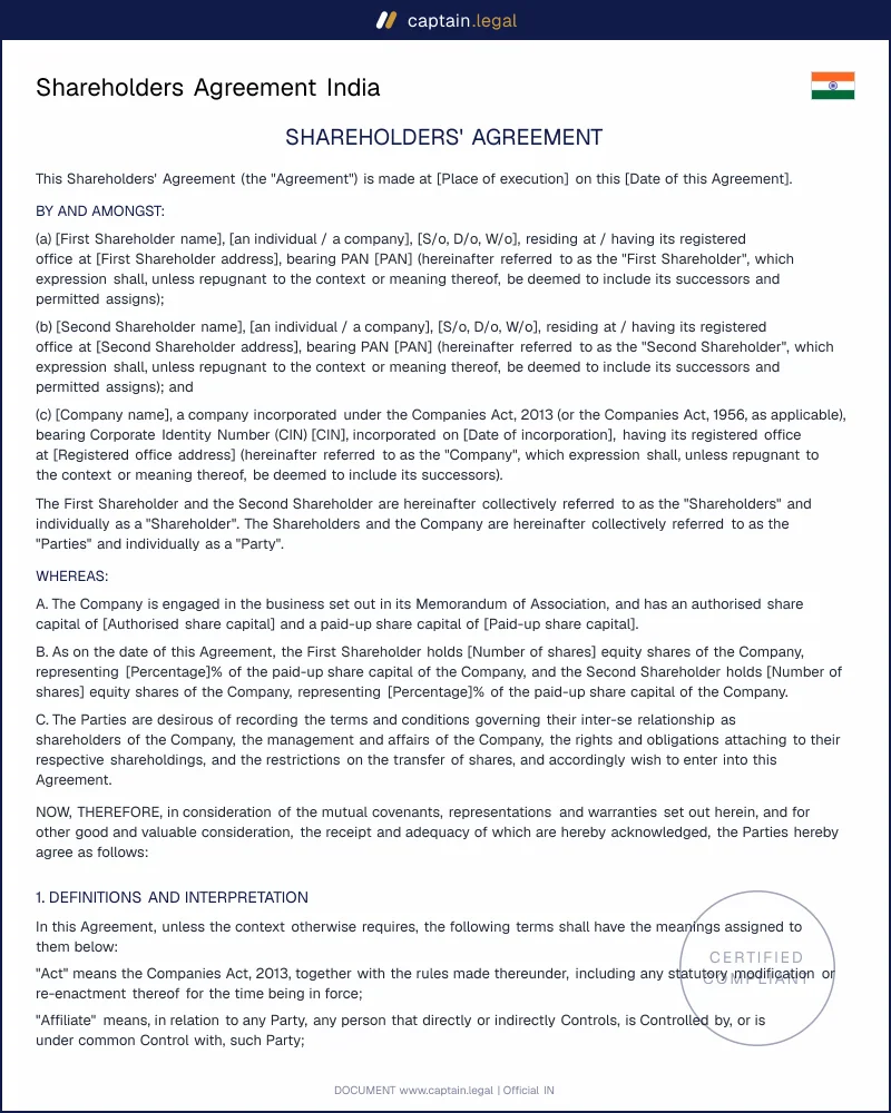 Shareholders Agreement India | Companies Act 2013
