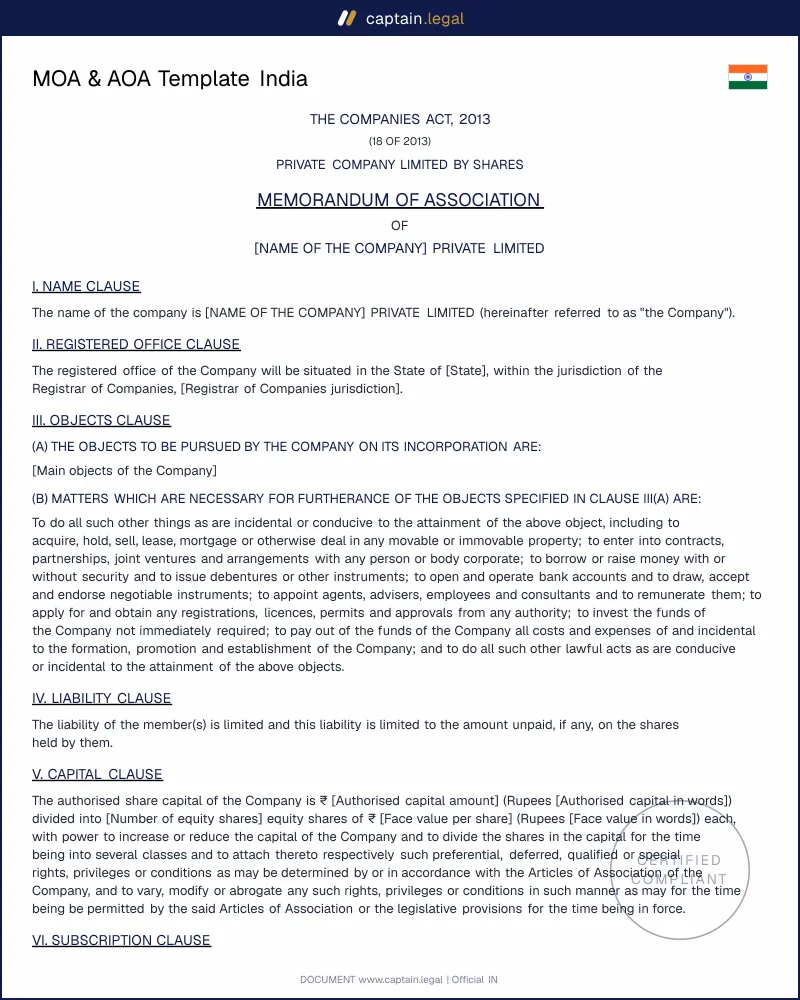 MOA & AOA: Companies Act 2013, Section 4 & Table F