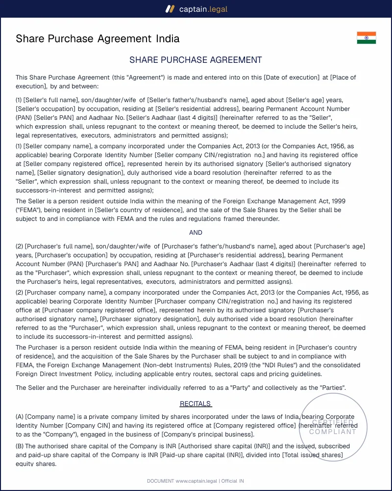 Share Purchase Agreement India | Companies Act 2013 SPA