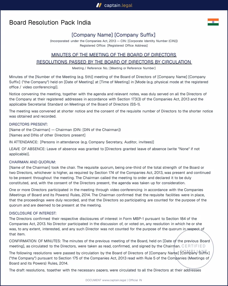 Board Resolution Pack | Section 179 Companies Act
