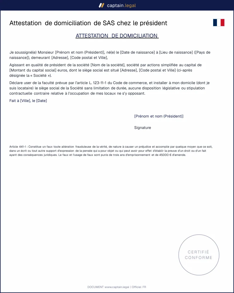 Attestation de domiciliation d'une SAS - Modèle PDF et Word