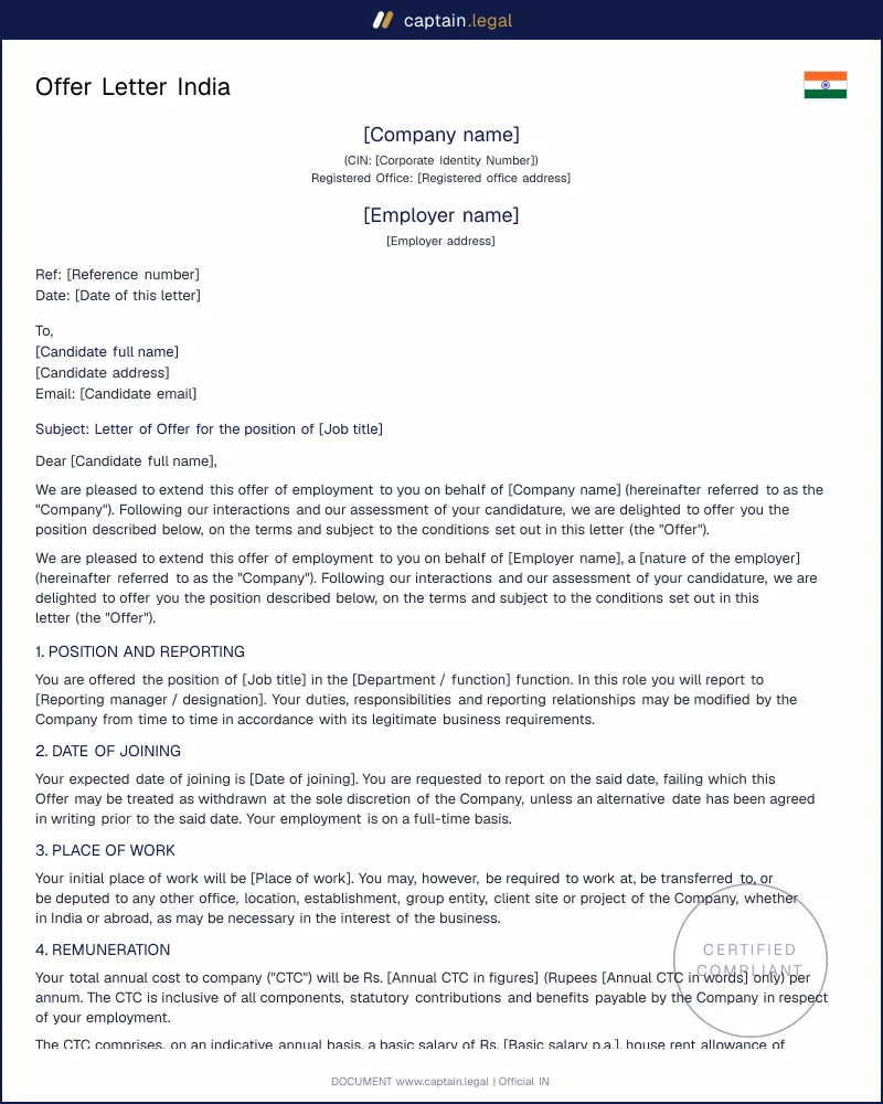 Offer Letter India: Contract Act 1872 Compliant