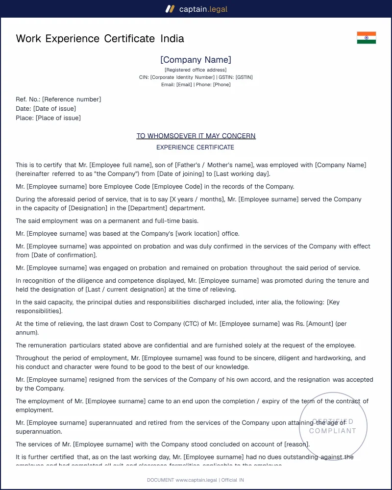 Experience Certificate India: Standing Orders Rule