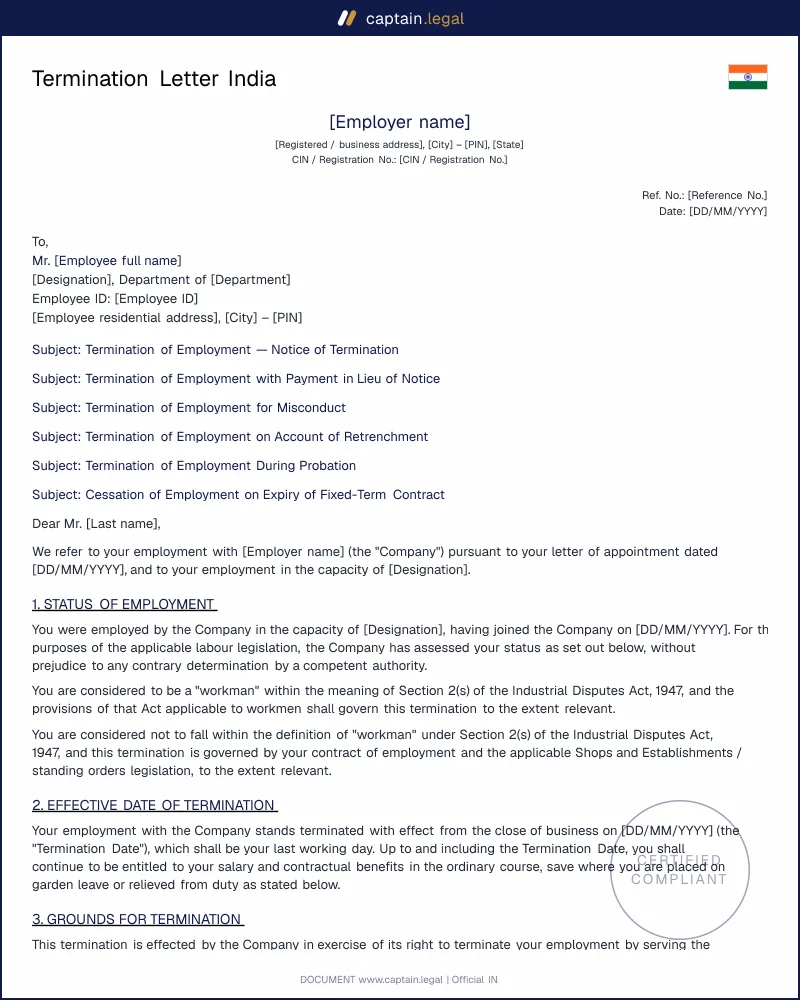 Termination Letter India: IR Code 2020 Compliant